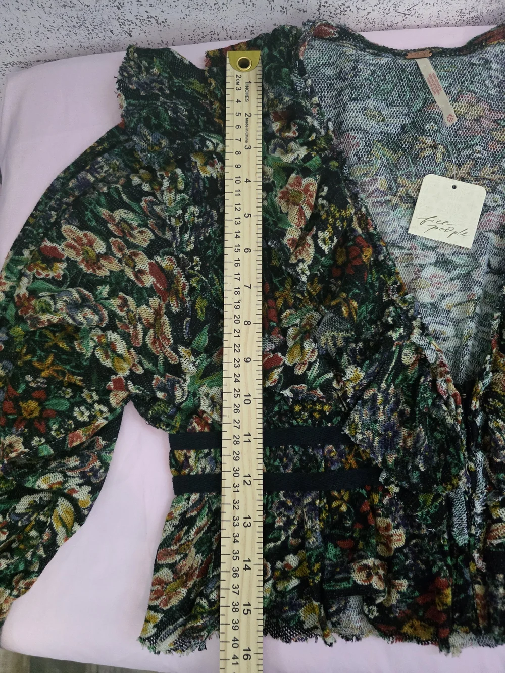 Free People Floral Ruffle V-Neck Blouse in Green Multi